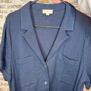 Loft | women navy blue gauzy romper shorts button up